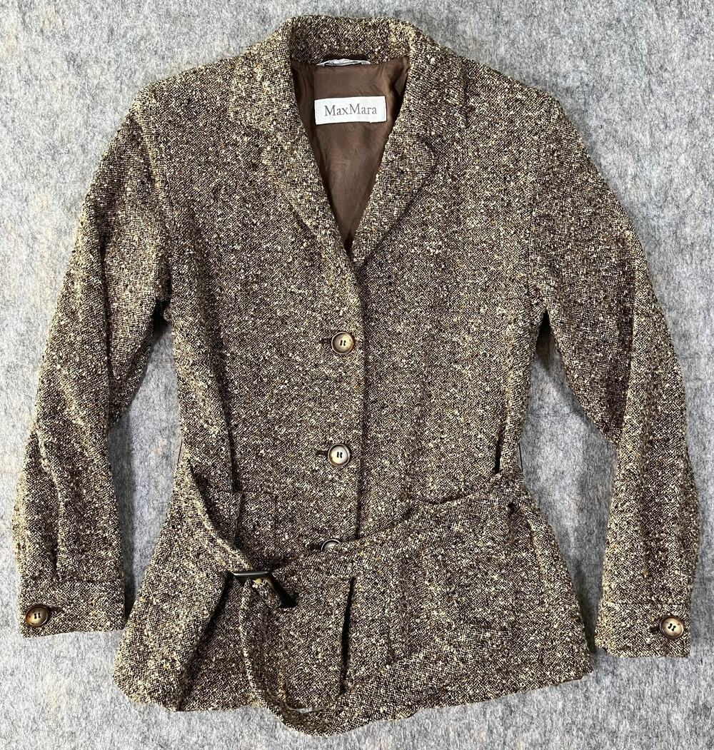 Max Mara Tweed Blazer Jacket / Women US 2 / Italy Belted Brown Wool Silk